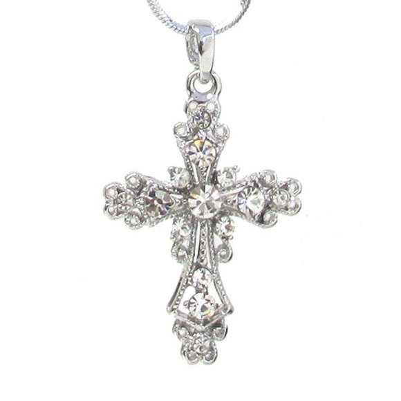 Whitegold plating crystal cross pendant necklace - Picture 1 of 3